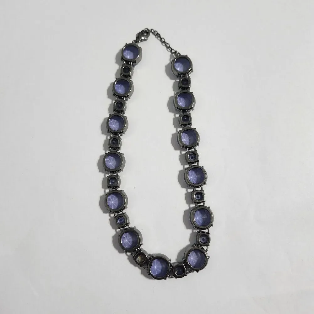 Necklace Gun Metal Blue Acrylic Round Circular Rhinestone Statement Adjustable